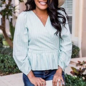 NWOT - Pink Lily White Wrap Peplum Top - Long Sleeve